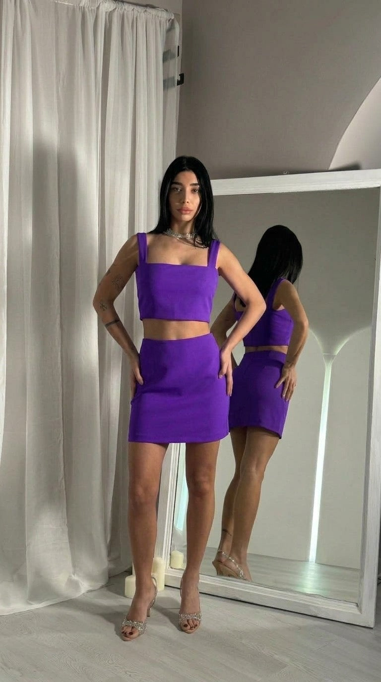 Set Viola con piume top e gonna