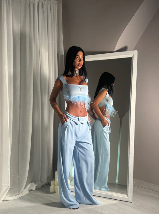 Top Kate Con Piume e strass Azzurro Polvere